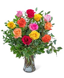 One Dozen Vibrant Roses Flower Arrangement