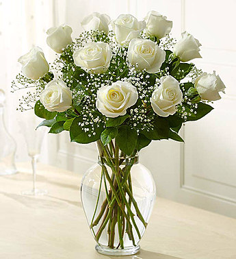 One Dozen White Roses Vased