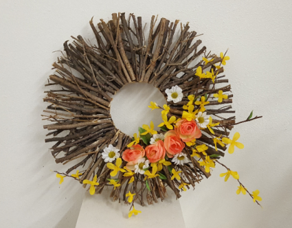 One of a Kind twig forsythia, daisy and rose Silk wreath