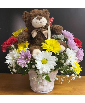 Oopsy daisy with a hug Basket of daisies with a bear