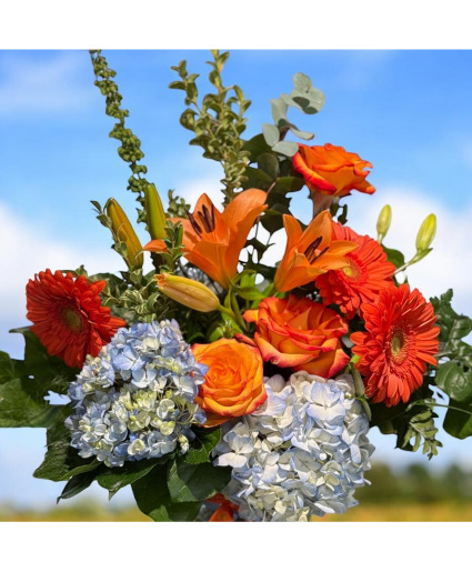 Orange abd Blue Splash Vase arrangement