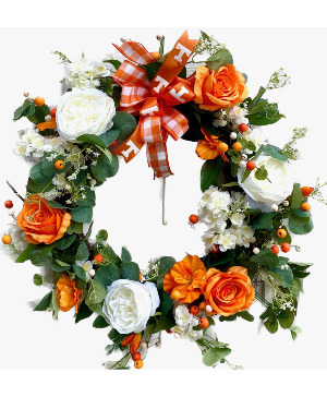 Orange and White grapevine wreath Powell Florist Exclusive