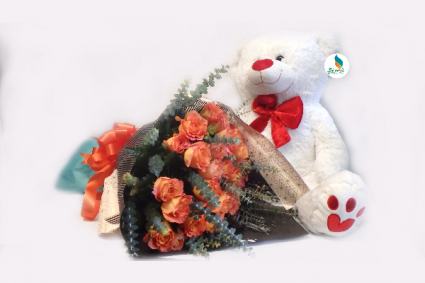 Orange love Wrap rose with Teddy Bear