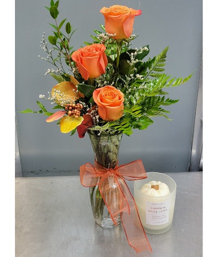 Orange Rose Bud vase +  Pumpkin Spice Candle 55.95