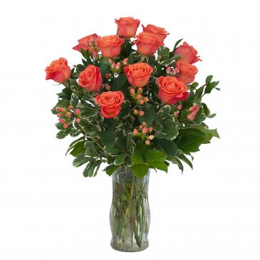 Orange Roses and Berries Vase Arrangement in Zanesville, OH | FLORAFINO'S FLOWERS & GIFTS
