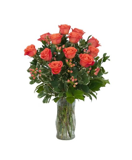 Orange Roses And Berries Vase Arrangement