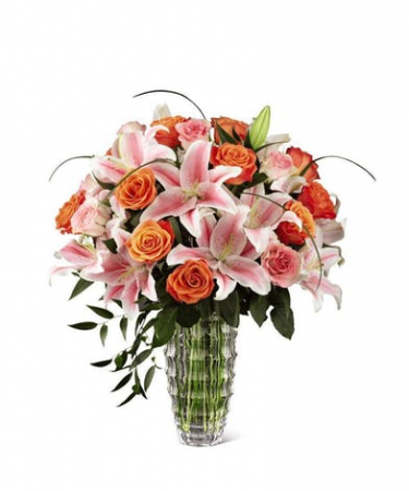 Orange Roses And Stargazer Lilies In Crystal Flower Arrangement