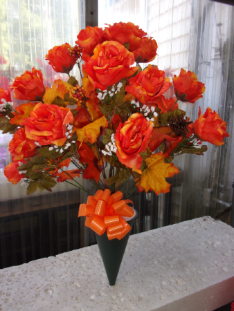 ORANGE ROSES WITH FALL LEAVES $29.99 FALL FLOWERS