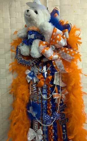 ORANGE, ROYAL BLUE AND SILVER  LARGE MUM WITH BEAR