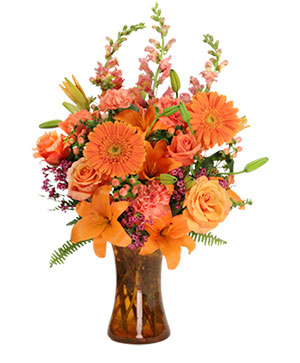 Fall or Thanksgiving Arrangement, Orange, Brown Roses in Gold Vase, Fl –  Blue Paris Flowers