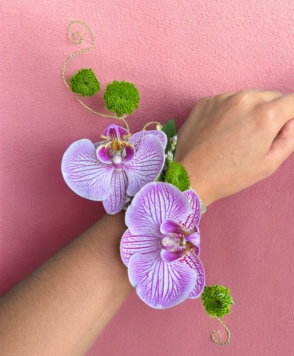 Orchid and Gold Wire Corsage