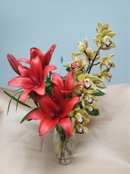 Orchid and Lily Vase Arrangement 