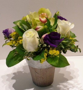 Orchid and Rose Posy Small container arrangement