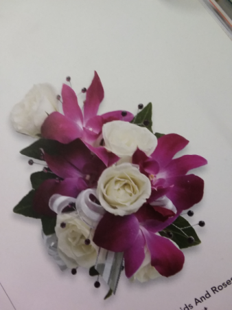 orchid, rose wrist corsage 