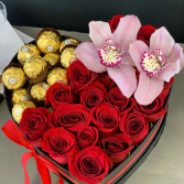 Orchid Vibes Box of Roses, orchid and chocolates