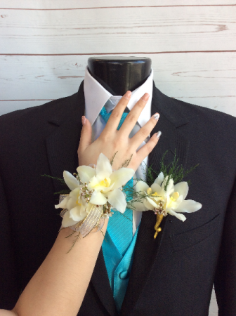 Orchid (White) Wrist Corsage & Boutonniere Pair