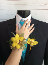 Orchid (Yellow) Single Blooms Wrist Corsage & Boutonniere Pair