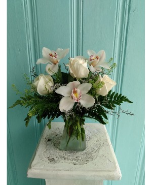 ORCHIDS AND ROSES FLOWER ARRANGEMENT