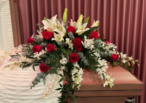 Orchids, Lilies & Roses  Casket Spray FD-55