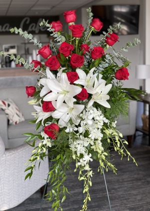 Orchids, Lilies & Roses Easel Spray FD-275
