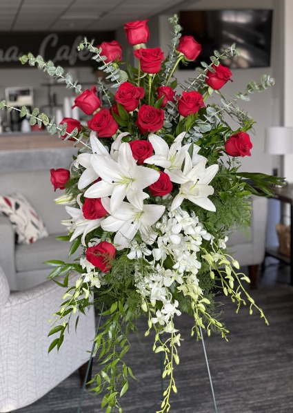 Orchids, Lilies & Roses Easel Spray FD-275