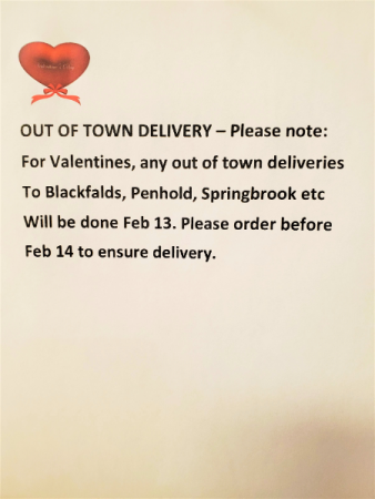 OUT OF TOWN DELIVERIES WILL BE DELIVERED FEB 13 includes Sylvan Lake, Blackfalds, Penhold, Springbrook