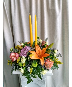 OVAL CENTERPIECE WITH CANDLES THANKSGIVING FLOWER ARRANGEMENT