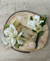 P100- Faux Pure White and Gold Corsage and Boutonniere set