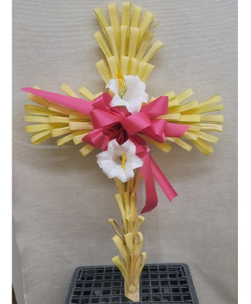 Palm Cross adorned with Lilies in Croton On Hudson, NY | Marshall's at Cooke's Flowers Palm Cross adorned with Lilies in Croton On Hudson, NY | Marshall's at Cooke's Flowers