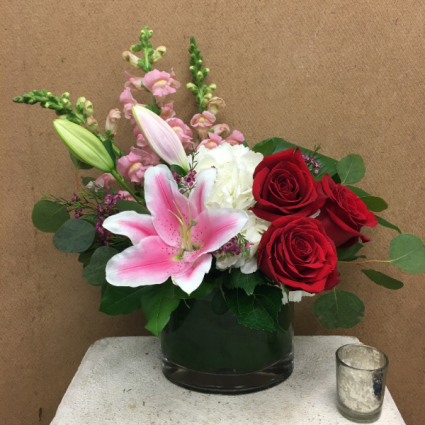 Passionate Embrace Lilies, Hydrangea, Deep Red Roses, and More!