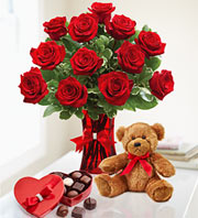 Passionate Love Dozen Rose's, Chocolate and Bear