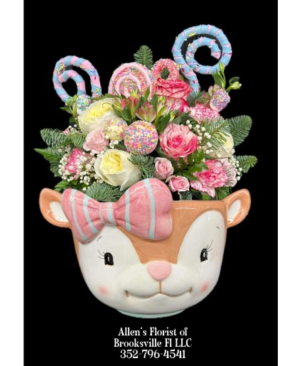 Pastel Deer Delight  Fresh Cut Flowers in a Ceramic Keepsake Container