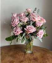 Pastel Dozen Roses Vase Arrangement