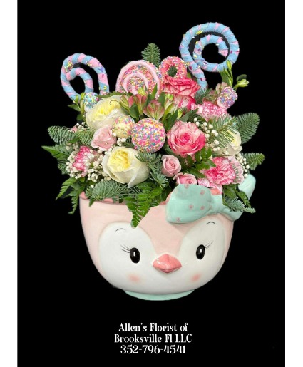 Pastel Penguin Delight  Fresh Cut Flowers in a Ceramic Keepsake Container