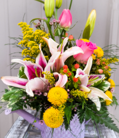 Pastel Watering Can Spring Arrangement