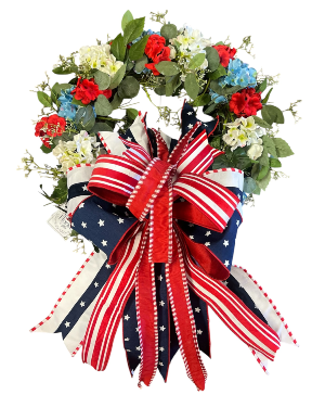 PATRIOTIC BLOOMING WREATH W/ PREMIUM BOW- 25 IN W. SILK WREATH WITH BOW 