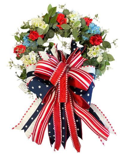 PATRIOTIC BLOOMING WREATH W/ PREMIUM BOW- 25 IN W. SILK WREATH WITH BOW 
