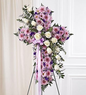 PEACE AND PRAYERS STANDING CROSS  LAVENDER WITH WHITE ROSES 