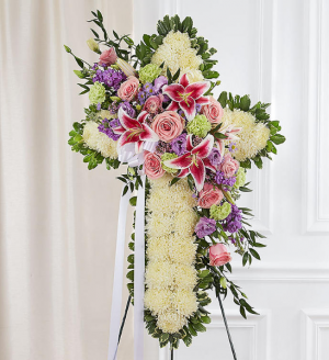 Peace & Prayers™ Standing Cross with Pastel Break Sympathy Arrangement in Croton On Hudson, NY | Cooke's Little Shoppe Of Flowers Peace & Prayers™ Standing Cross with Pastel Break Sympathy Arrangement in Croton On Hudson, NY | Cooke's Little Shoppe Of Flowers