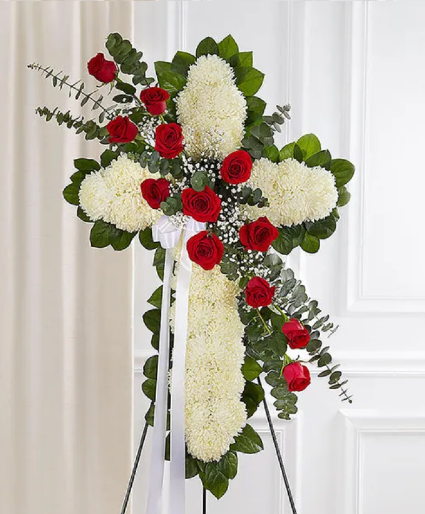 Peace & Prayers Standing Cross Red & White Funeral