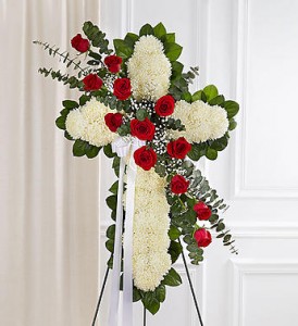 PEACE & PRAYERS STANDING CROSS WITH RED ROSES 