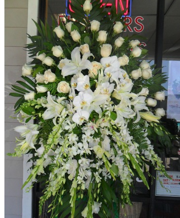 Peaceful all white standing Spray  Funaral Spray in Rowland Heights, CA | Charming Flowers and Gifts