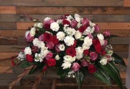 PEACEFUL BLOOMS Purple, Red, and White elegant full casket spray
