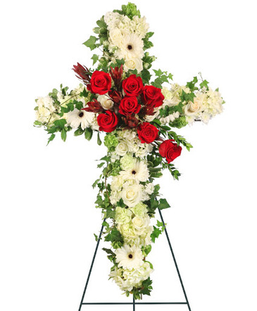 Peaceful Crossover in Red Standing Spray in Valhalla, NY | Lakeview Florist
