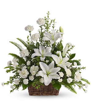 Peaceful lilies Basket sympathy arrangement