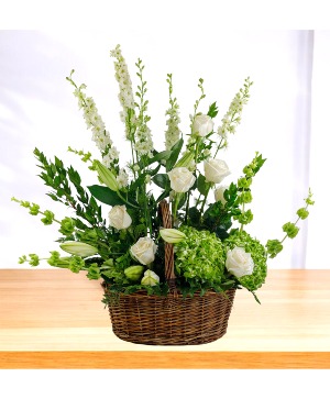 Peaceful White and Green Basket Arrangement