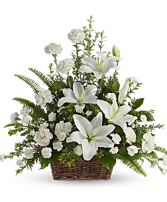 Peaceful White lilies basket sympathy arrangement
