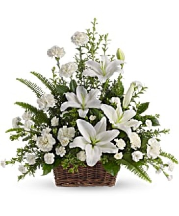 Peaceful White Lilies Sympathy Basket in Edmonton, AB | PETALS ON THE TRAIL Peaceful White Lilies Sympathy Basket in Edmonton, AB | PETALS ON THE TRAIL