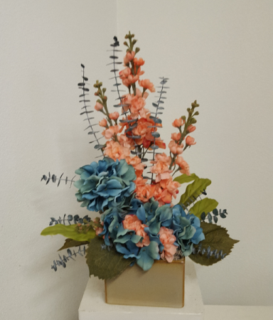 Peach and Teal Silk flower arrangement