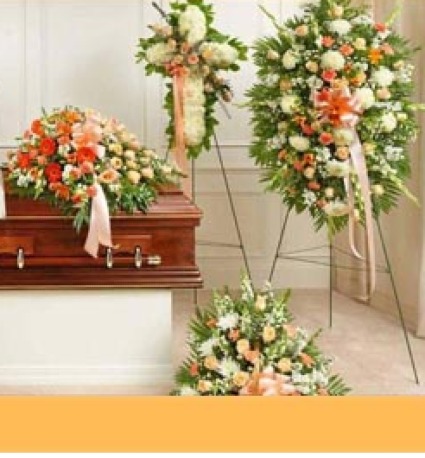 4 PC PEACH AND WHITE PACKAGE/WAS $1200 NOW $700 CASKET SPRAY,CROSS, STANDING SPRAY & PEDESTAL PC